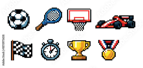 Pixel sports icons: soccer ball, tennis racket, basketball hoop, race car, trophy