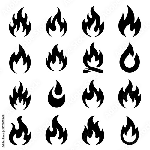 Fire flame icon vector set isolated on white background, Black fire silhouette and campfire logo symbols collection, Abstract minimalist fire flames and gas burn icons for branding, Vector set of fire