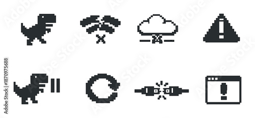 Pixel art icons featuring dinosaur, wi-fi, cloud, alert, reload, and browser symbols