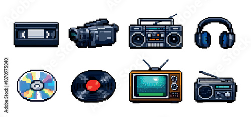 Pixel art collection: retro electronics and audio visual devices