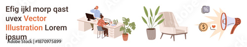 Business environment, teamwork, remote work, communication, interior design, productivity. Office desk with people, plants chair and chat or news icons. Business environment and teamwork concept