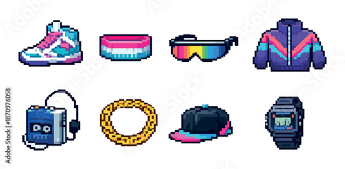 Pixel art retro 80s icons: sneakers, fanny pack, sunglasses, jacket, walkman, chain, cap, watch