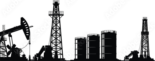 Black and white oil industry facility silhouette vector illustration, pumpjack drilling rigs and storage tanks, petroleum extraction and energy infrastructure concept