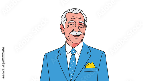 Confident and successful senior businessman in a sharp blue suit with a yellow pocket square, smiling warmly and looking directly at the viewer, exuding professionalism and experience.
