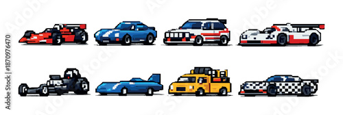 Pixel art racing cars collection: iconic and colorful vehicles
