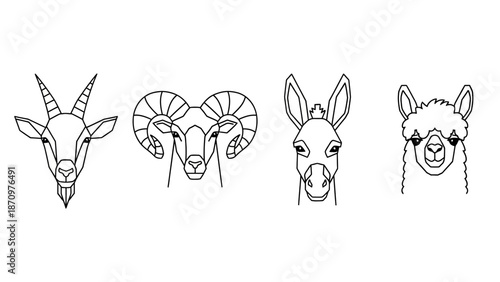 Vector Animal Heads: Goat, Ram, Donkey, Llama Line Art Collection