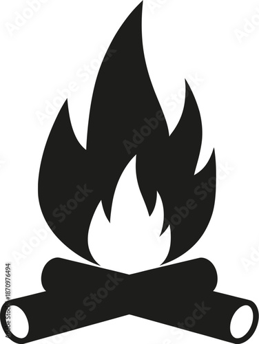 A black and white icon of a campfire with two logs