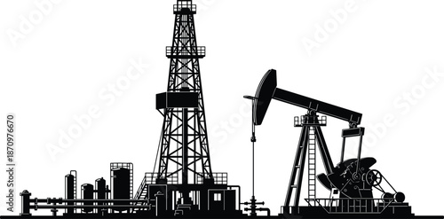 Black and white oil drilling rig and pumpjack silhouette vector illustration, petroleum extraction industry equipment, energy production infrastructure concept design
