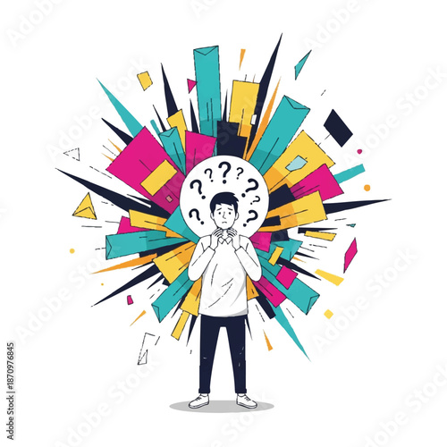 Confused young man with question marks above his head.