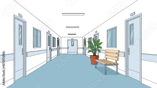 Long, brightly lit hospital corridor with multiple closed doors, a waiting bench, and a potted plant, conveying a sterile and calm medical environment.