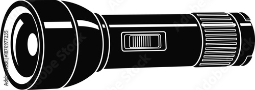 Black and white vector illustration of a modern handheld flashlight isolated on white background, powerful electric torch for emergency and outdoor lighting equipment.