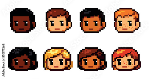 Pixel art diverse characters collection with varied hairstyles and skin tones