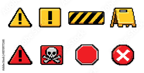 Pixel art warning and danger signs collection: exclamation, skull, barrier, stop
