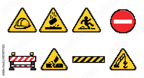 Pixel art warning and prohibition signs including construction and hazard symbols