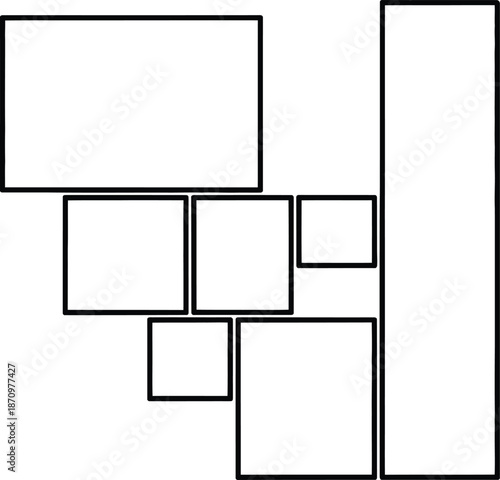 Minimalist Photo Collage Layout Template with Geometric Rectangular Frames for Mood Boards, Photography Portfolios, Creative Social Media Grids, and Modern Digital Art Compositions on White Background