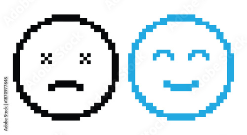 Pixel style art emoji smile icon. Happy, sad, angry, swear words face. Annoyed. Evil. Colorful. Emoticon concept vector illustration