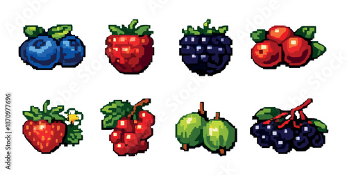 Pixel art of various colorful fruits with leaves and gradient background