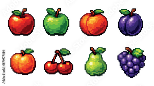 Pixel art collection of colorful fruits including apples and grapes