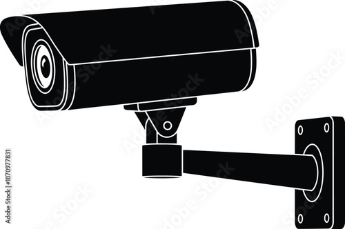 Black and white vector illustration of a modern security camera icon, professional surveillance system mounted on wall for safety and protection 