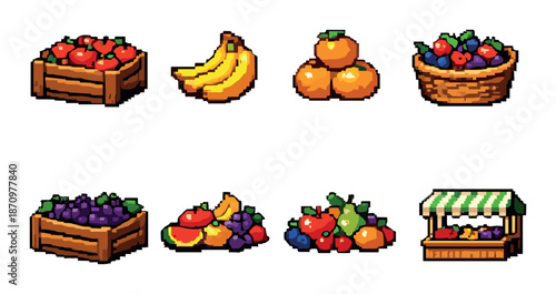 Colorful pixel art of fruits and market stand with baskets and crates