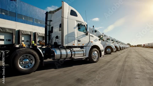 White semi truck fleet parked at logistic warehouse and driving on sunny day. Commercial transportation concept.