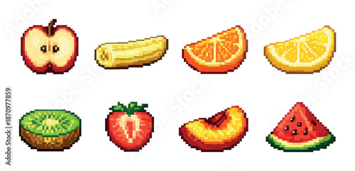 Colorful pixel art of various fruits on blurred background