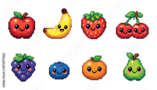 Cute pixel art fruits with faces: apple, banana, strawberry, cherries, grape, blueberry, orange, pear