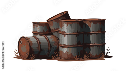 Collection of old, rusty oil barrels haphazardly stacked on dry ground with sparse grass, depicting industrial waste or storage in a worn state.