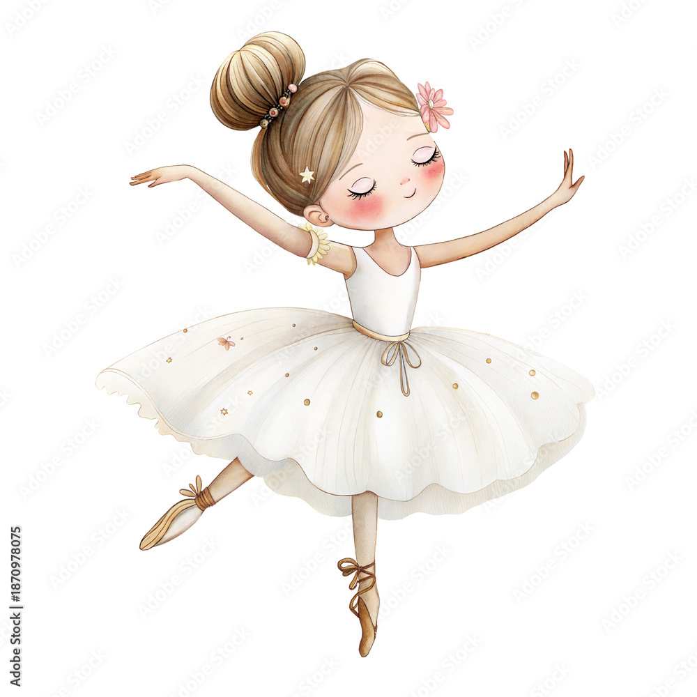 Obraz premium Cute watercolor ballerina girl in white tutu graceful dancing illustration mockup