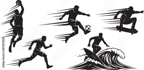 Silhouettes of athletes in dynamic motion and action sports
