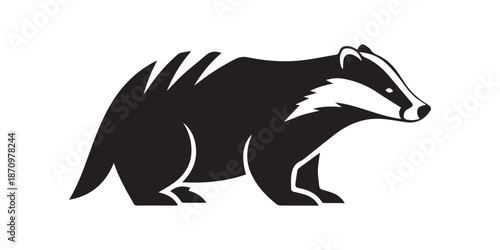 Silhouette of a badger with short legs and a long body standing on a white background in a simple design,black color African badger animal silhouette vector illustration, solid white background