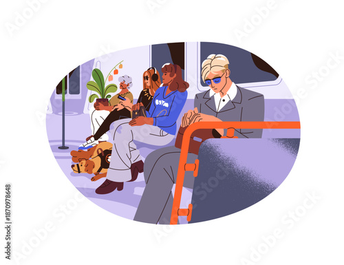 Passengers of subway sleep, carry dog in carriage. People are inside coach of underground public transport. Diverse men and women sit on seats in metro. Flat isolated vector illustration on white.