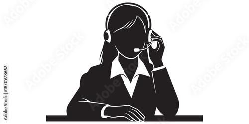 Silhouette of a woman wearing a headset while working on a computer with a chat box on the screen,Silhouette of female customer service icon with headset on white background