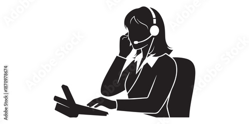 Silhouette of a woman wearing a headset while working on a computer with a chat box on the screen,Silhouette of female customer service icon with headset on white background