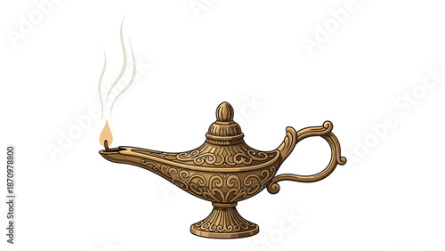 Ornate golden genie lamp with intricate patterns, emitting a small flame and wisps of smoke, symbolizing magic, wishes, and ancient folklore.