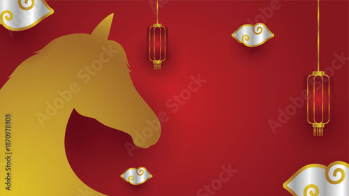 Chinese lunar new year template with golden horse silhouette set against a red copy space background. Year of the horse background illustration.