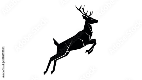 Black geometric deer leaping on white background stag