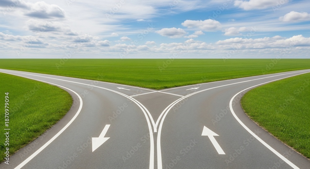 Obraz premium Asphalt road fork with directional arrows, highway split in green field landscape, concept of choice and decision making in business and life