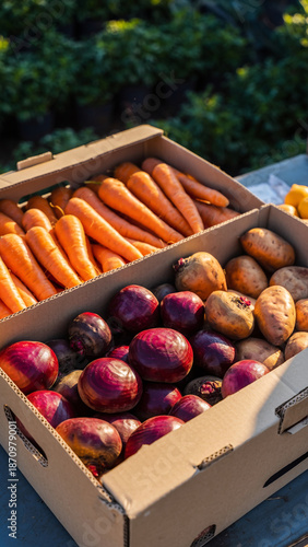 Wallpaper Mural Fresh carrots, potatoes, and onions in a cardboard box outdoors. Torontodigital.ca