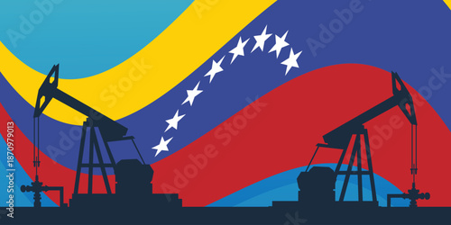Oil rig pumpjack background. Venezuela petroleum industry. Venezuelan flag