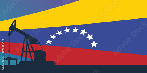 Oil rig pumpjack background. Venezuela petroleum industry. Venezuelan flag