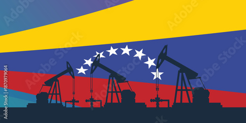 Oil rig pumpjack background. Venezuela petroleum industry. Venezuelan flag
