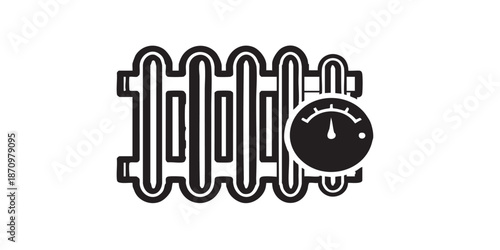 Radiator vector icon, central heating system symbol, temperature control with thermostat, energy saving concept, black outline and filled style, isolated on transparent background, minimalist vector d