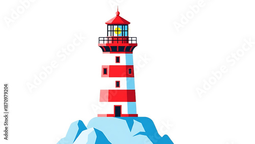 Vibrant lighthouse standing tall on rocky cliff with bright light beacon
