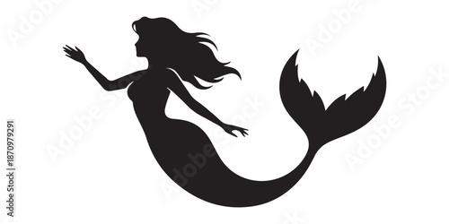 Collection of five black silhouette mermaid illustrations on a white background,Silhouette of a mermaid sitting on a rock,Silhouette of a mermaid with crown ,