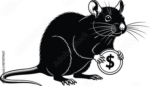 Black rat holding dollar coin, money savings concept, financial symbol rodent illustration, monochrome vector art, isolated on white background