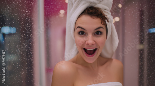 A young woman with a towel on her head smiling excitedly