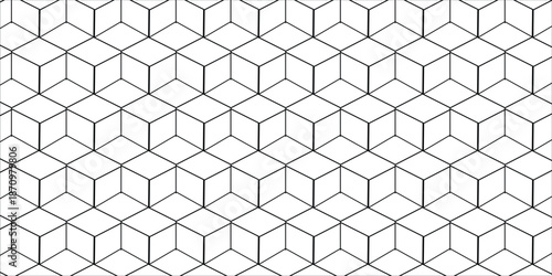 Seamless isometric cube pattern with black outlines on white background for modern minimalist abstract geometric design projects