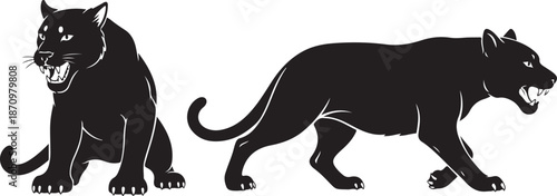 Black panther silhouettes in aggressive and walking poses