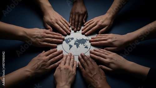 Diverse hands reaching towards a world map, symbolizing global unity, cooperation, and interconnectedness.